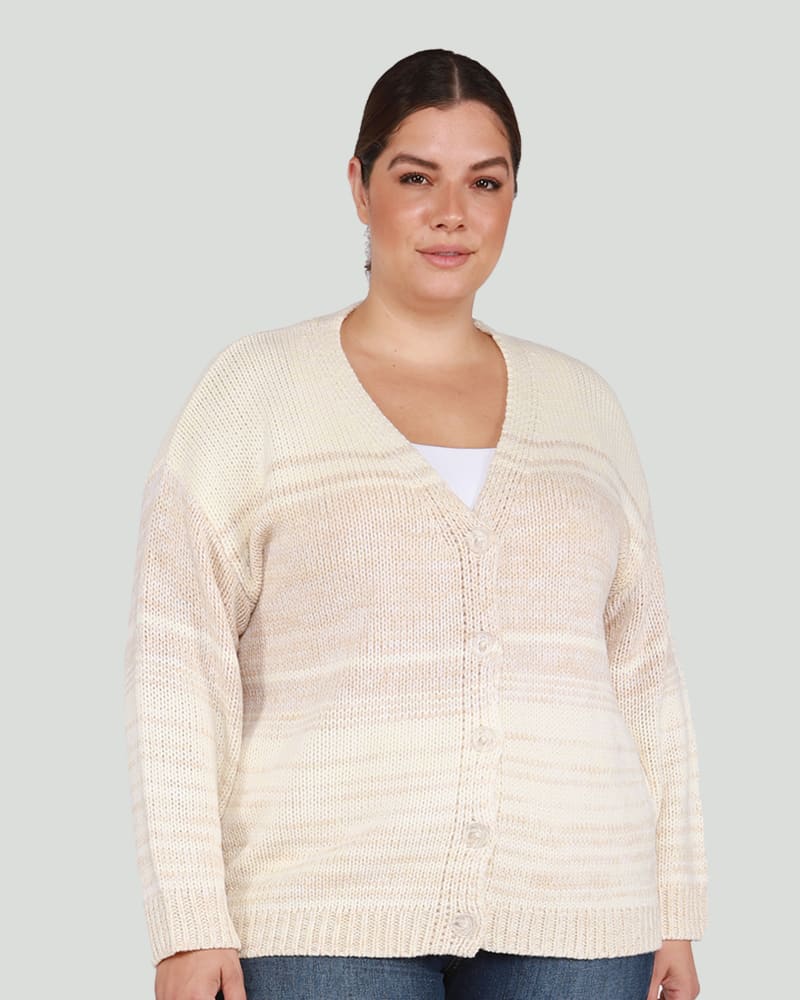 Front of a model wearing a size 0X Nancy Ombre Cardigan Sweater in Neutral Ombre by DEX PLUS. | dia_product_style_image_id:268468